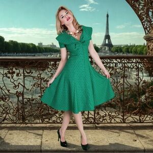 Tatyana Esmeralda Green Polka Dot Bow Vintage Pinup Style Dress Size M EUC